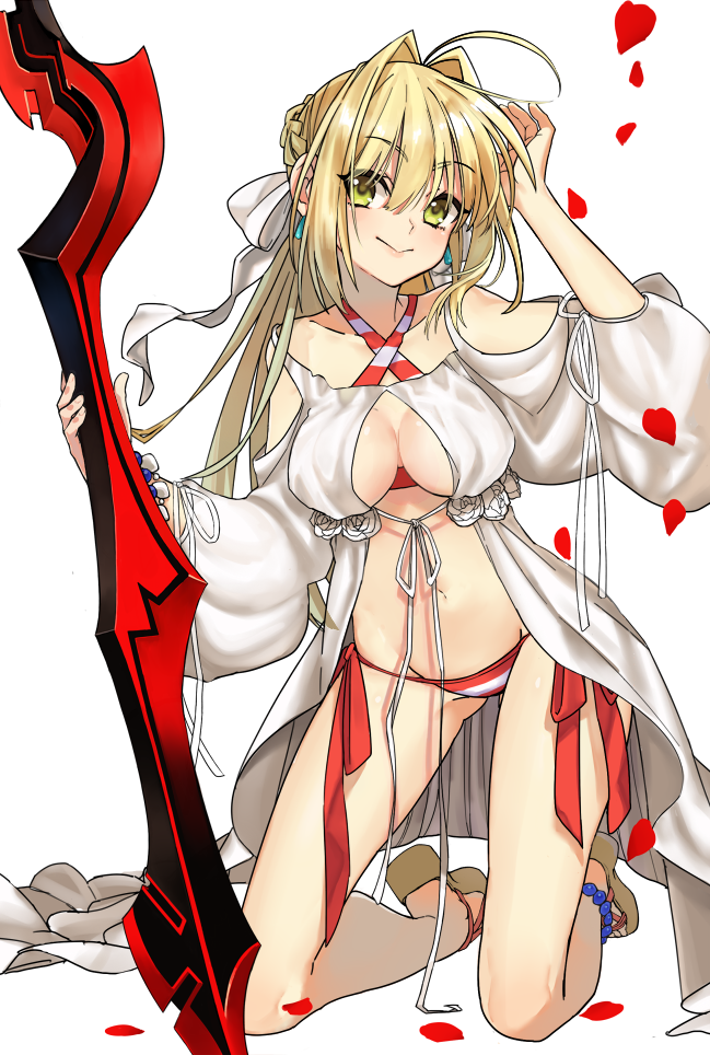 :&gt; aestus_estus ahoge anklet bangs bare_shoulders bead_bracelet beads bikini blonde_hair bracelet braid breasts bun_(lv1_bun) cleavage closed_mouth criss-cross_halter drawstring dress eyebrows_visible_through_hair fate/grand_order fate_(series) french_braid full_body gown green_eyes groin hair_bun hair_intakes halter_top halterneck hand_to_head hand_up holding holding_sword holding_weapon jewelry kneeling large_breasts legs_apart long_hair looking_at_viewer medium_breasts navel nero_claudius_(fate)_(all) nero_claudius_(swimsuit_caster)_(fate) petals planted_sword planted_weapon red_bikini rose_petals sandals side-tie_bikini sidelocks simple_background smile solo striped striped_bikini swimsuit sword twintails weapon white_background