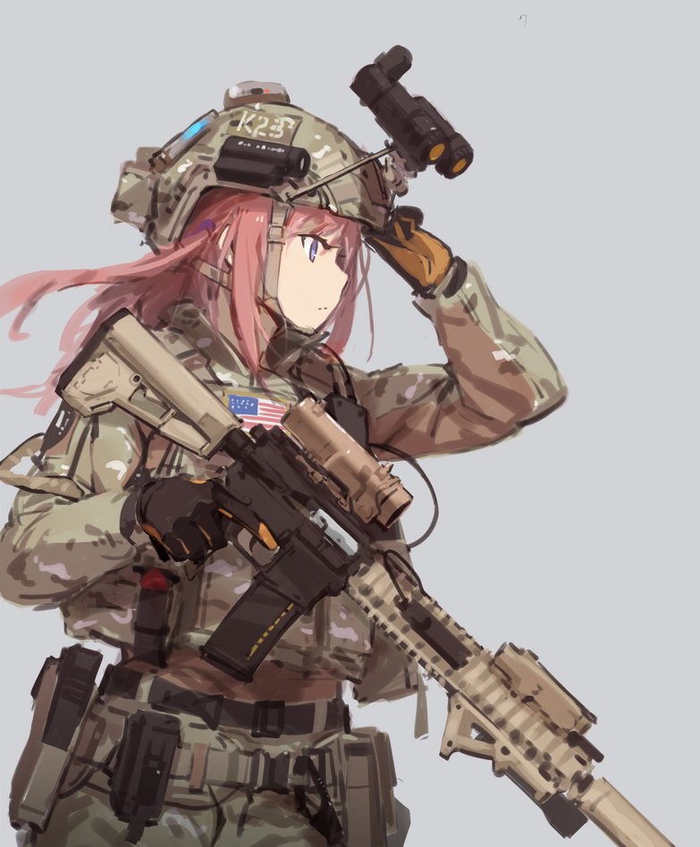 american_flag angled_foregrip arm_up bangs binoculars black_gloves blue_eyes camcorder camouflage closed_mouth commentary cowboy_shot fangdan_runiu girls_frontline gloves grey_background gun hand_up handgun helmet holster laser_sight load_bearing_vest long_hair looking_to_the_side m4_sopmod_ii military military_operator military_uniform night_vision_device ocp_(camo) pink_hair pistol profile rifle simple_background solo st_ar-15_(girls_frontline) trigger_discipline uniform weapon