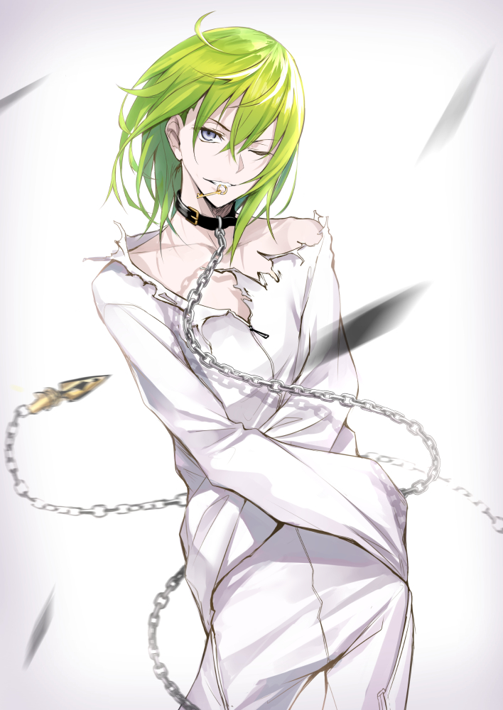 bangs blurry chain collar depth_of_field enkidu_(fate/strange_fake) enkidu_(weapon) fate/strange_fake fate_(series) green_hair grey_eyes hair_between_eyes key leash long_hair looking_at_viewer md5_mismatch mouth_hold one_eye_closed parted_lips robe shijiu_(adamhutt) smile solo straitjacket teeth torn_clothes zipper