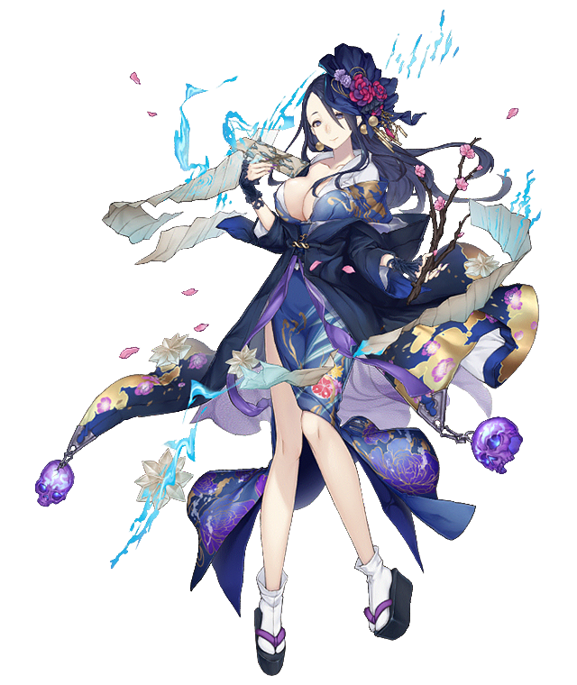 1girl asymmetrical_hair black_hair branch breasts cherry_blossoms earrings full_body grey_eyes hair_ornament japanese_clothes jewelry ji_no kaguya_hime_(sinoalice) kimono large_breasts long_hair looking_at_viewer official_art petals sandals sinoalice skull smile socks solo transparent_background wide_sleeves
