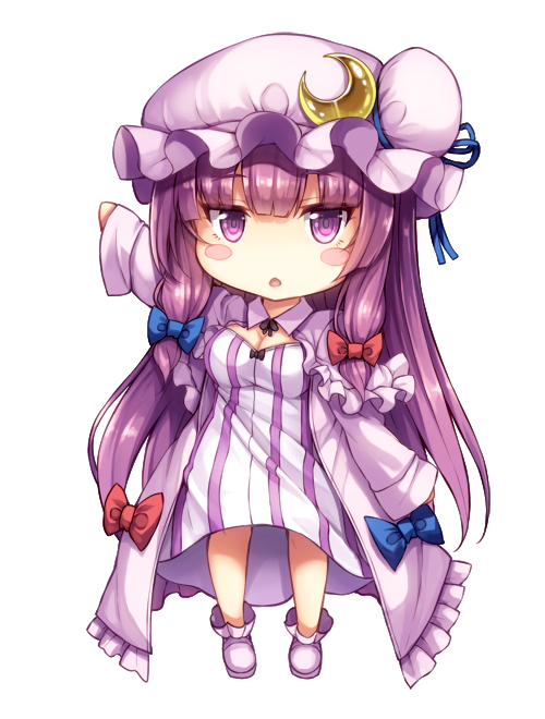 arm_up bangs blue_bow blue_ribbon blunt_bangs blush_stickers bow breasts capelet chibi cleavage crescent dress full_body hair_bow hat hat_ribbon long_hair long_sleeves looking_at_viewer medium_breasts mob_cap patchouli_knowledge purple_eyes purple_hair purple_hat purple_legwear red_bow ribbon simple_background snowcanvas socks solo standing striped striped_dress touhou white_background