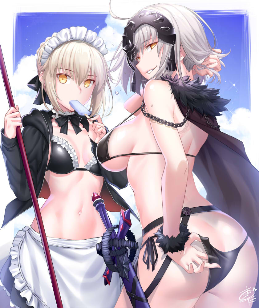 adjusting_clothes adjusting_swimsuit ahoge artoria_pendragon_(all) artoria_pendragon_(swimsuit_rider_alter) ass bikini black_bikini black_bikini_top blonde_hair breasts cape check_commentary choker cloud commentary commentary_request day eyebrows_visible_through_hair fate/grand_order fate_(series) food from_behind fur_trim grey_hair grin hair_between_eyes headpiece holding jeanne_d'arc_(alter)_(fate) jeanne_d'arc_(fate)_(all) large_breasts looking_at_viewer maid_headdress mop multiple_girls navel okitakung parted_lips popsicle saber_alter short_hair sideboob sky smile stomach sweat swimsuit sword underboob weapon yellow_eyes