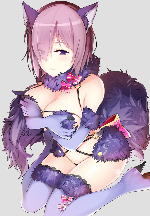 animal_ears bangs blush boots breasts cleavage closed_mouth covering covering_chest dangerous_beast elbow_gloves eyebrows_visible_through_hair eyes_visible_through_hair fate/grand_order fate_(series) fur-trimmed_gloves fur-trimmed_legwear fur_collar fur_trim gloves grey_background hair_over_one_eye halloween halloween_costume high_heel_boots high_heels kusano_houki lace lace-trimmed_thighhighs large_breasts leaning_forward looking_at_viewer mash_kyrielight o-ring o-ring_top purple_eyes purple_footwear purple_gloves purple_hair purple_legwear short_hair simple_background sitting smile solo tail thigh_boots thighhighs thighs tsurime wariza wolf_ears wolf_tail