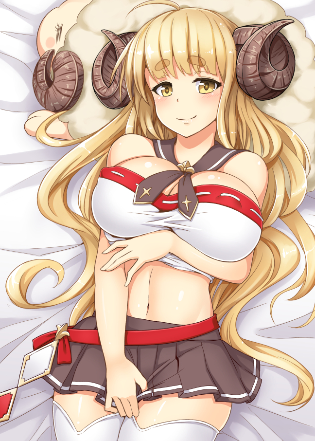 =_= ahoge anila_(granblue_fantasy) bandeau black_skirt blonde_hair blush blush_stickers breasts closed_mouth commentary_request covered_nipples covering covering_crotch cowboy_shot detached_collar draph eyebrows eyebrows_visible_through_hair granblue_fantasy head_tilt horns large_breasts long_hair looking_at_viewer lying midriff navel on_back pleated_skirt sailor_collar sheep_horns skirt smile solo thick_eyebrows thighhighs white_legwear yasojima_nejiro yellow_eyes