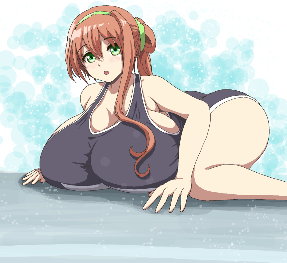 1girl ass black_swimsuit blush breasts brown_hair btk female gigantic_breasts green_eyes hair_ornament hair_ribbon kneeling long_hair looking_at_viewer one-piece_swimsuit original plump ponytail ribbon school_swimsuit solo swimsuit thick_thighs