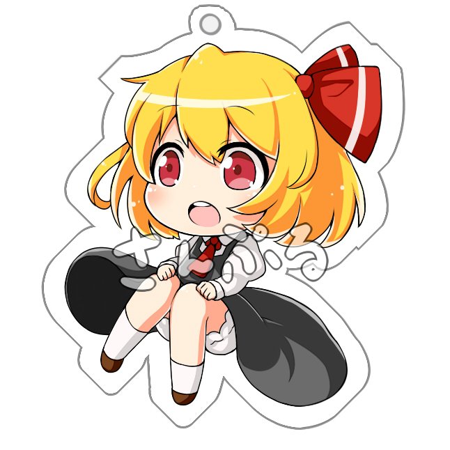 ascot bangs blonde_hair bloomers blush bow chibi commentary_request eyebrows_visible_through_hair full_body hair_bow hands_on_own_knees juliet_sleeves knees_together_feet_apart long_sleeves looking_at_viewer open_mouth puffy_sleeves red_bow red_eyes rumia sample short_hair simple_background solo take_no_ko_(4919400) touhou underwear white_background white_legwear