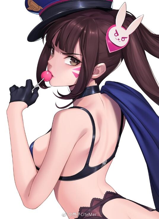 bangs black_bra black_gloves blunt_bangs bra brown_eyes brown_hair bunny_hair_ornament candy choker citemer d.va_(overwatch) facial_mark food garter_belt glaring gloves hair_ornament half_gloves hat jpeg_artifacts lips lollipop looking_at_viewer overwatch sample simple_background solo twintails underwear underwear_only watermark weibo_logo weibo_username white_background