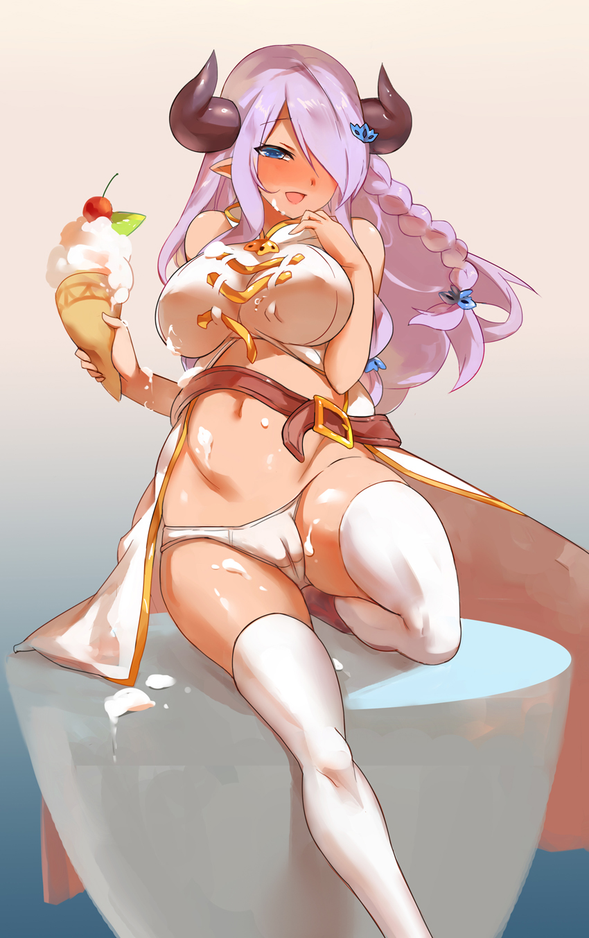 :d bad_id bad_pixiv_id belt blue_eyes blush braid breasts cameltoe cherry commentary_request covered_nipples draph food food_on_face fruit granblue_fantasy hair_over_one_eye highres holding horns ice_cream large_breasts lavender_hair long_hair looking_at_viewer messy narmaya_(granblue_fantasy) navel open_mouth panties pointy_ears single_braid smile solo thighhighs underwear white_legwear white_panties yostxxx