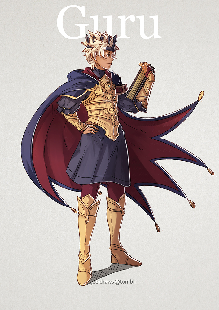 armor boey_(fire_emblem) book boots cape crown english fire_emblem fire_emblem_echoes:_mou_hitori_no_eiyuuou gzei high_heels holding holding_book male_focus smile solo spiked_hair white_hair