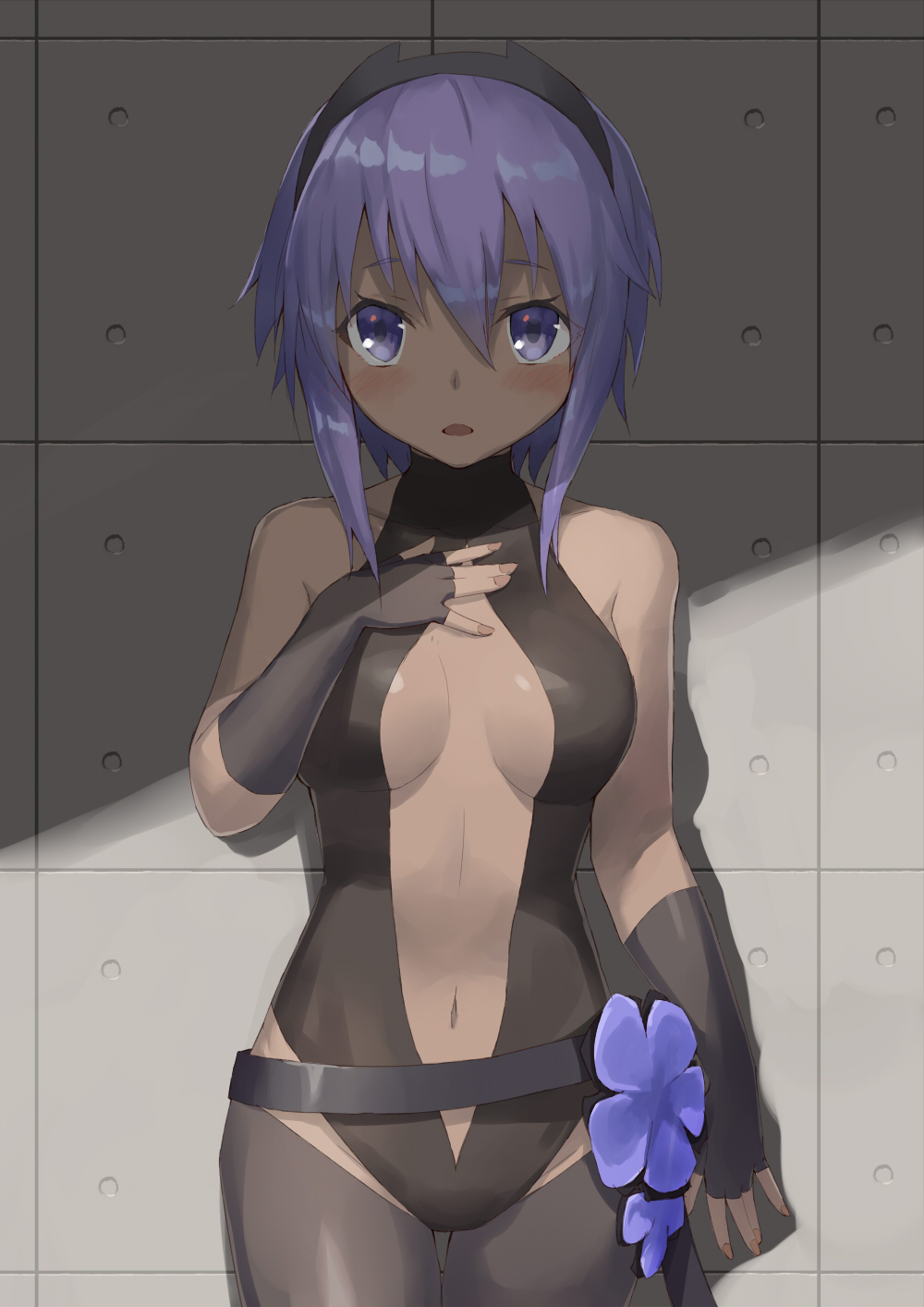 bare_shoulders belt black_gloves black_hairband blush breasts center_opening cowboy_shot dark_skin fate/grand_order fate/prototype fate/prototype:_fragments_of_blue_and_silver fate_(series) fingerless_gloves gloves hair_between_eyes hairband hand_on_own_chest hassan_of_serenity_(fate) highres jonsun leotard looking_at_viewer loose_belt medium_breasts nail_polish navel open_mouth purple_eyes purple_hair short_hair solo thigh_gap thighhighs
