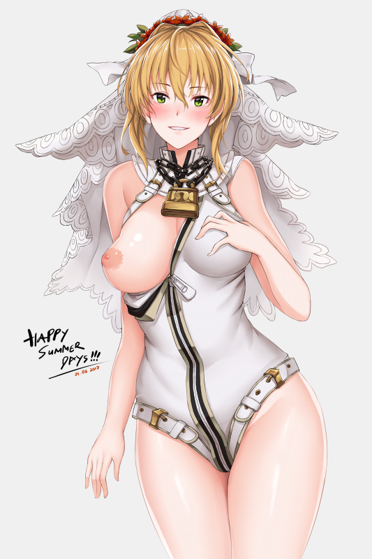 belt blonde_hair blush breast_hold breasts chain cowboy_shot dated fate/extra fate/extra_ccc fate_(series) green_eyes hair_intakes hanada_yanochi large_breasts legs_together lock nero_claudius_(bride)_(fate) nero_claudius_(fate)_(all) nipples one_breast_out padlock smile solo veil wreath