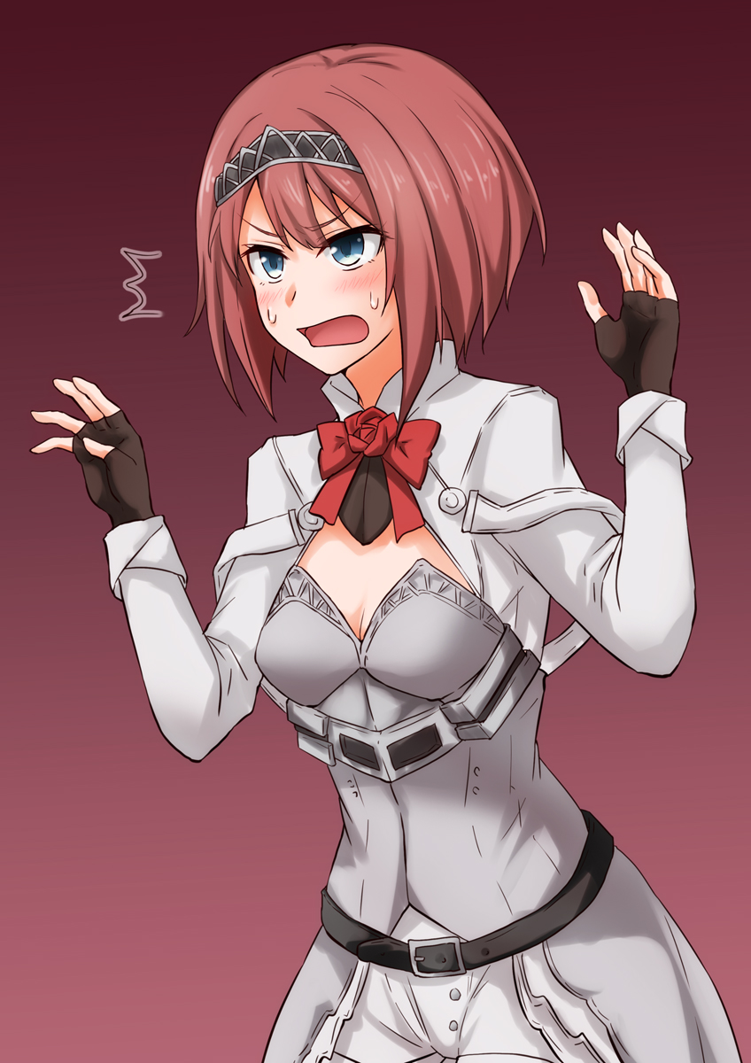 1girl :o anti_(untea9) ark_royal_(kantai_collection) bangs black_gloves blue_eyes blunt_bangs bob_cut breasts cleavage cleavage_cutout commentary fingerless_gloves gloves hairband highres kantai_collection long_sleeves red_hair red_ribbon ribbon short_hair small_breasts solo tiara tsurime upper_body v-shaped_eyebrows