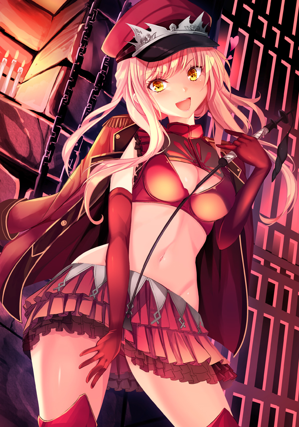 :d alluring_chief_warden_look bangs blonde_hair bra breasts candle chain cleavage contrapposto cowboy_shot elbow_gloves epaulettes eyebrows_visible_through_hair fate/grand_order fate_(series) fire frilled_skirt frills gloves groin haruka_natsuki hat head_tilt heart holding indoors jacket jacket_on_shoulders long_hair looking_at_viewer medb_(fate)_(all) medb_(fate/grand_order) medium_breasts midriff navel open_mouth peaked_cap pleated_skirt prison riding_crop skirt smile solo standing stomach teeth thighhighs underwear yellow_eyes
