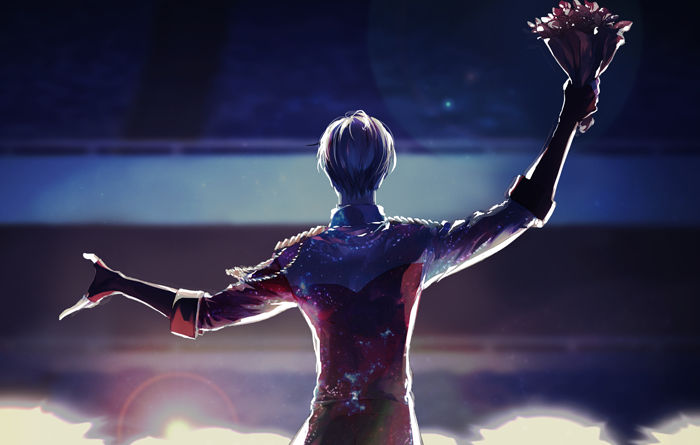 arm_up bouquet en_(enxxx) epaulettes flower from_behind holding holding_bouquet lens_flare male_focus outstretched_arms silver_hair solo spread_arms viktor_nikiforov yuri!!!_on_ice