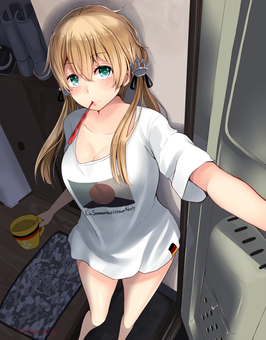 anchor_hair_ornament anchor_symbol blonde_hair blue_eyes blush breasts cleavage collarbone collarless_shirt commentary_request cup doorway eyebrows_visible_through_hair flag_print german german_flag hair_between_eyes hair_ornament holding holding_cup indoors kantai_collection large_breasts lips long_hair looking_at_viewer looking_up messy_hair mug narushima_kanna opening_door pov_doorway prinz_eugen_(kantai_collection) shadow shirt short_sleeves solo t-shirt toothbrush_in_mouth twintails twitter_username when_you_see_it white_shirt