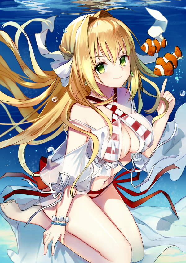 :d ahoge air_bubble arm_at_side bangs bare_shoulders barefoot bikini blonde_hair braid breasts bubble cleavage closed_mouth clownfish commentary_request criss-cross_halter day dress earrings eyebrows_visible_through_hair fate/grand_order fate_(series) fingernails fish floating_hair french_braid gown green_eyes groin hair_intakes hair_ornament halter_top halterneck hand_up index_finger_raised jewelry knees_up large_breasts legs_together long_fingernails long_hair looking_at_viewer medium_breasts navel nero_claudius_(fate)_(all) nero_claudius_(swimsuit_caster)_(fate) ocean off_shoulder open_mouth pointing red_bikini ry_thae short_sleeves shoulder_cutout side-tie_bikini sidelocks smile solo strap_slip striped striped_bikini submerged swimsuit twintails underwater very_long_hair water