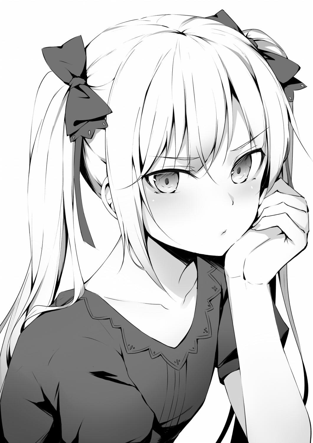 alexmaster bangs blouse blush bow closed_mouth collarbone commentary_request eyebrows_visible_through_hair greyscale hair_bow hand_on_own_cheek hand_up highres lips long_hair looking_at_viewer monochrome original short_sleeves sidelocks simple_background solo tsurime twintails upper_body
