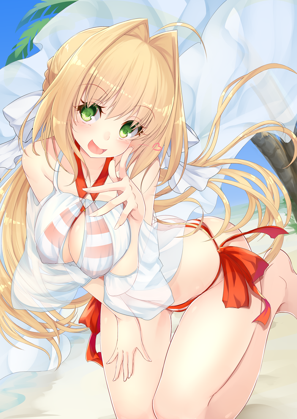 :d ahoge arched_back ass bangs bare_shoulders barefoot beach bikini blonde_hair blue_sky blush braid breasts cleavage commentary_request covered_nipples criss-cross_halter day dress eyebrows_visible_through_hair fate/grand_order fate_(series) fingernails french_braid gown green_eyes groin hair_bun hair_intakes hair_ornament halter_top halterneck hand_on_lap hand_to_own_mouth hand_up heart highres inu3 jewelry kneeling large_breasts leaning_forward leg_up long_fingernails long_hair looking_at_viewer medium_breasts nero_claudius_(fate)_(all) nero_claudius_(swimsuit_caster)_(fate) ocean open_mouth outdoors palm_tree red_bikini short_sleeves shoulder_cutout side-tie_bikini sidelocks sky smile solo standing standing_on_one_leg striped striped_bikini swimsuit tree twintails very_long_hair water wide_sleeves