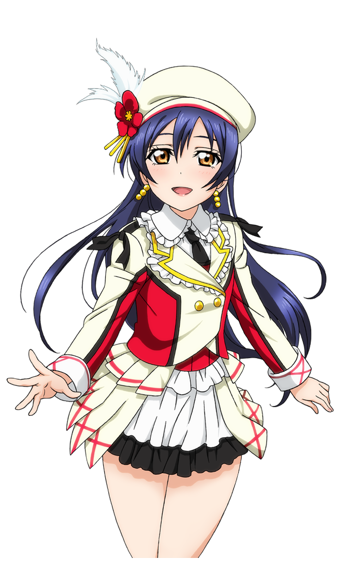 artist_request bangs beret blazer blue_hair bow brown_eyes earrings feather_beret flower frilled_shirt frills hair_between_eyes hat jacket jewelry long_hair looking_at_viewer love_live! love_live!_school_idol_festival love_live!_school_idol_festival_after_school_activity love_live!_school_idol_project necktie official_art open_mouth shirt skirt smile solo sonoda_umi sore_wa_bokutachi_no_kiseki transparent_background