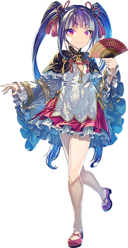 bangs black_hair blunt_bangs dress fan full_body great_wall_of_china_(oshiro_project) holding holding_fan official_art oshiro_project oshiro_project_re pleated_dress red_eyes red_footwear shoes smile transparent_background twintails zounose