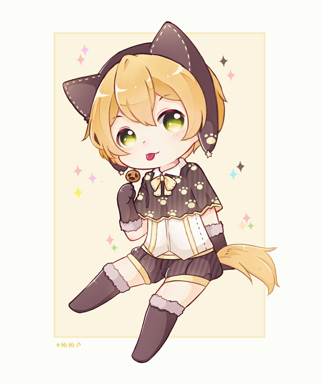 :p artist_name black_footwear black_gloves boots bow capelet chibi elbow_gloves fur-trimmed_boots fur-trimmed_gloves fur_trim gloves green_eyes halloween_costume highres hoshizora_rin invisible_chair knee_boots looking_at_viewer love_live! love_live!_school_idol_project orange_hair paparu_(137135585) paw_print short_hair shorts sitting solo star tail tongue tongue_out wolf_hood wolf_tail yellow_bow