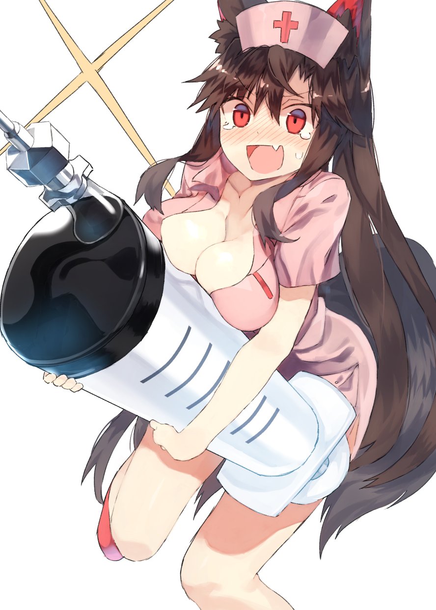 alternate_costume animal_ears bare_legs blush bow breasts brown_hair cleavage commentary_request fang hair_bow hat highres holding imaizumi_kagerou kasuka_(kusuki) large_breasts large_syringe long_hair nose_blush nurse nurse_cap open_mouth oversized_object red_eyes simple_background solo syringe tail tears touhou white_background wolf_ears wolf_tail