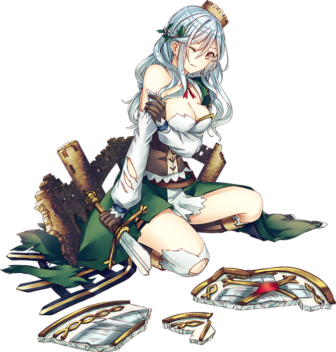 ;( bare_shoulders boots breasts broken broken_sword broken_weapon brown_footwear cleavage conwy_(oshiro_project) dress full_body green_dress knee_boots kneeling large_breasts light_blue_hair looking_at_viewer official_art oshiro_project oshiro_project_re saijou_haruki solo sword torn_clothes transparent_background weapon