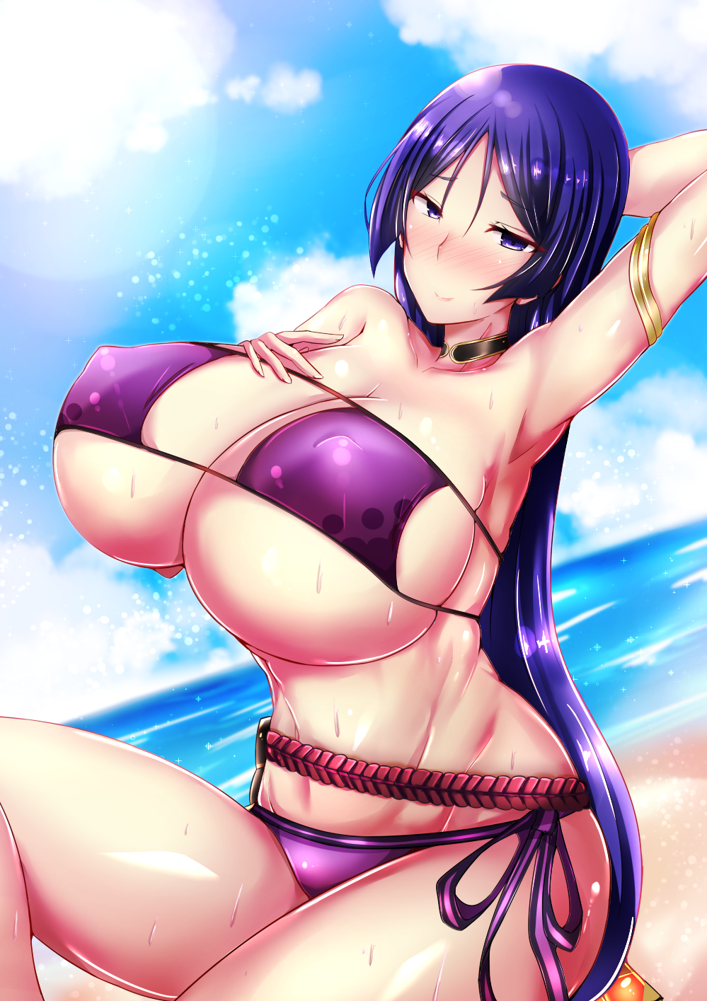 arm_up armlet armpits bangs bare_shoulders beach bikini blue_sky blush breasts choker cleavage cloud collarbone covered_nipples day eyepatch_bikini fate/grand_order fate_(series) half-closed_eyes hand_behind_head hand_on_own_chest highres hips horizon huge_breasts lens_flare long_hair looking_at_viewer minamoto_no_raikou_(fate/grand_order) minamoto_no_raikou_(swimsuit_lancer)_(fate) nose_blush ocean outdoors parted_bangs pink_lips puffy_nipples purple_bikini purple_eyes purple_hair shiki_(catbox230123) shiny shiny_hair shiny_skin sky smile solo string_bikini sunlight sweat swimsuit thighs very_long_hair water