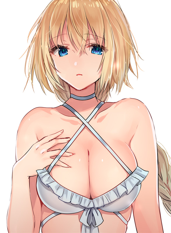 ahoge awata_mokane bangs bare_arms bare_shoulders bikini blonde_hair blue_eyes braid breasts choker cleavage collarbone commentary_request criss-cross_halter deep_skin eyebrows_visible_through_hair fate/apocrypha fate_(series) fingernails frilled_bikini_top frills hair_between_eyes halter_top halterneck hand_on_own_chest headpiece jeanne_d'arc_(fate) jeanne_d'arc_(fate)_(all) large_breasts long_fingernails long_hair parted_lips simple_background single_braid solo swimsuit tsurime upper_body very_long_hair white_background white_bikini white_choker