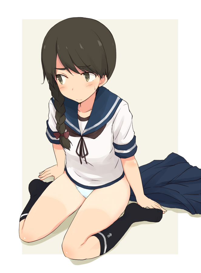 3: blue_skirt blush braid brown_hair clothes_removed hair_ribbon kantai_collection kugui_kiyunemu long_hair looking_away no_pants no_shoes panties pleated_skirt ribbon sailor_collar school_uniform serafuku short_sleeves single_braid sitting skirt skirt_removed sweat underwear uranami_(kantai_collection) white_panties