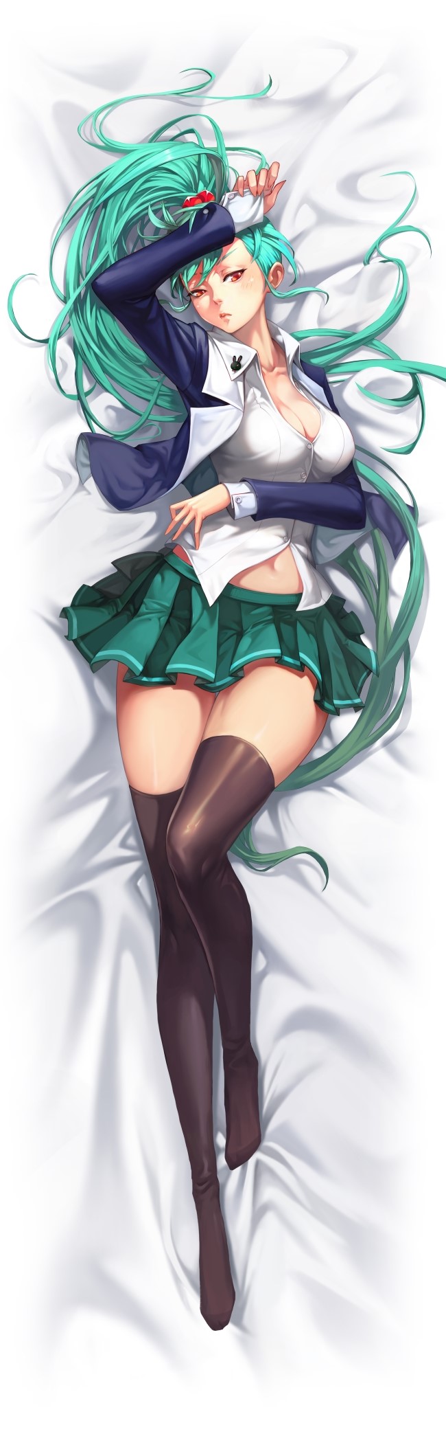 arm_up bangs bed_sheet black_jacket blush breast_hold breasts brown_legwear choi_eun_suk cleavage closed_mouth collarbone collared_shirt dakimakura dress_shirt eclair_(kritika) fingernails from_above full_body gradient gradient_hair green_eyes green_skirt hair_cubes hair_ornament half-closed_eyes hand_on_own_head highres jacket kritika large_breasts long_fingernails long_hair long_sleeves looking_at_viewer lying miniskirt multicolored_hair navel no_bra on_back open_clothes open_jacket pleated_skirt red_eyes shirt side_ponytail skirt sleeves_past_wrists solo thighhighs unbuttoned unbuttoned_shirt very_long_hair white_shirt zettai_ryouiki