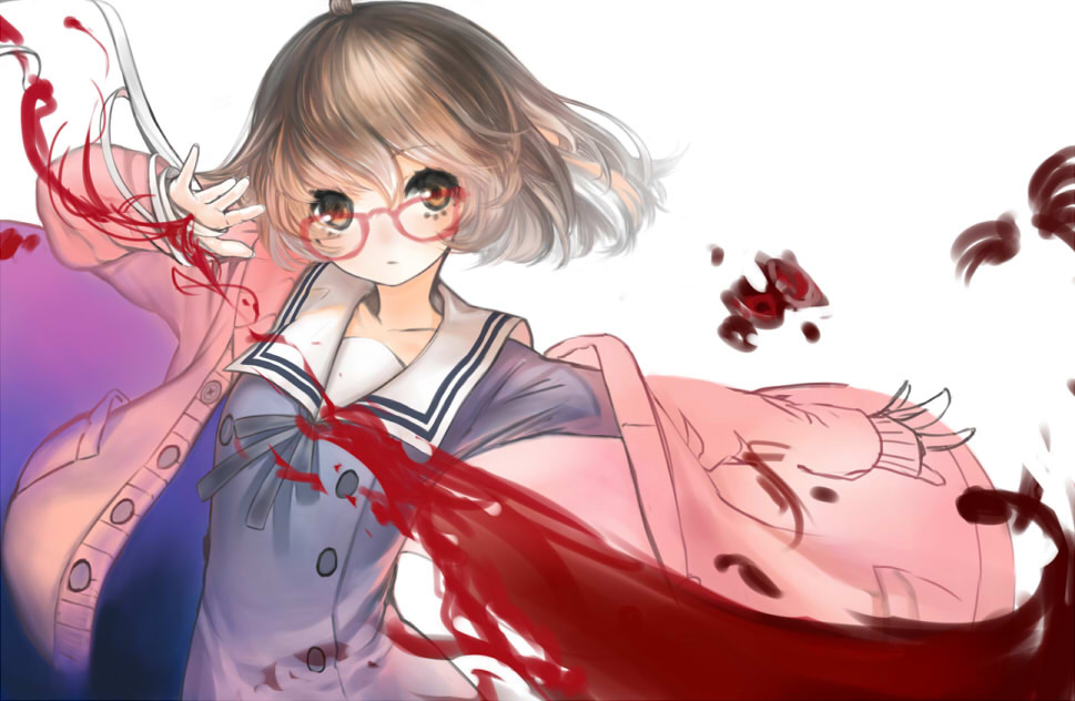 ahoge bandages black_ribbon blood bow brown_eyes brown_hair buttons closed_mouth coat collarbone expressionless glasses head_tilt hemokinesis kuriyama_mirai kyoukai_no_kanata long_sleeves looking_at_viewer mins_(minevi) open_clothes open_coat outstretched_arm pink_coat pocket red-framed_eyewear ribbon sailor_collar school_uniform serafuku short_hair simple_background solo unbuttoned upper_body white_background