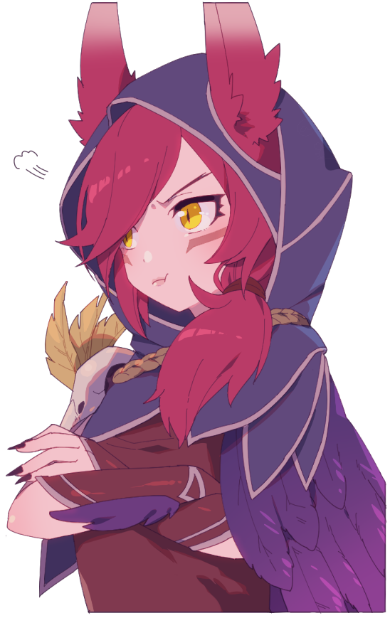 =3 angry animal_ears bangs crossed_arms feathers hood league_of_legends looking_away nail_polish pink_hair pout purple_eyes purple_nails side_ponytail solo swept_bangs uso_(ameuzaki) whisker_markings xayah yellow_eyes