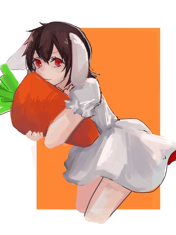 4648371aa97b4f6 animal_ears brown_hair bunny_ears carrot closed_mouth commentary cropped_legs dress floppy_ears hair_between_eyes inaba_tewi looking_at_viewer object_hug pillow pillow_hug puffy_short_sleeves puffy_sleeves red_eyes short_hair short_sleeves sketch smile solo standing touhou two-tone_background white_dress