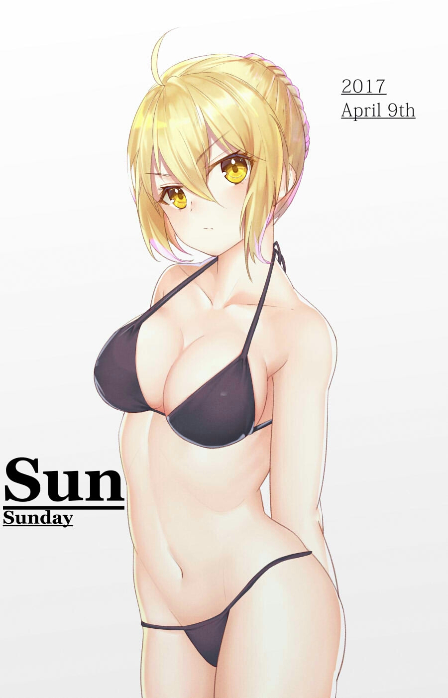 2017 ahoge arms_behind_back artoria_pendragon_(all) artoria_pendragon_(swimsuit_rider_alter) bad_id bad_pixiv_id bangs bare_arms bare_shoulders bikini black_bikini blonde_hair braid breasts cleavage closed_mouth collarbone contrapposto cowboy_shot dated dhfz181 eyebrows_visible_through_hair eyelashes fate/grand_order fate/stay_night fate_(series) french_braid groin hair_between_eyes hair_bun halter_top halterneck highres legs_together looking_at_viewer medium_breasts navel short_hair sidelocks solo standing stomach strap_gap swimsuit yellow_eyes