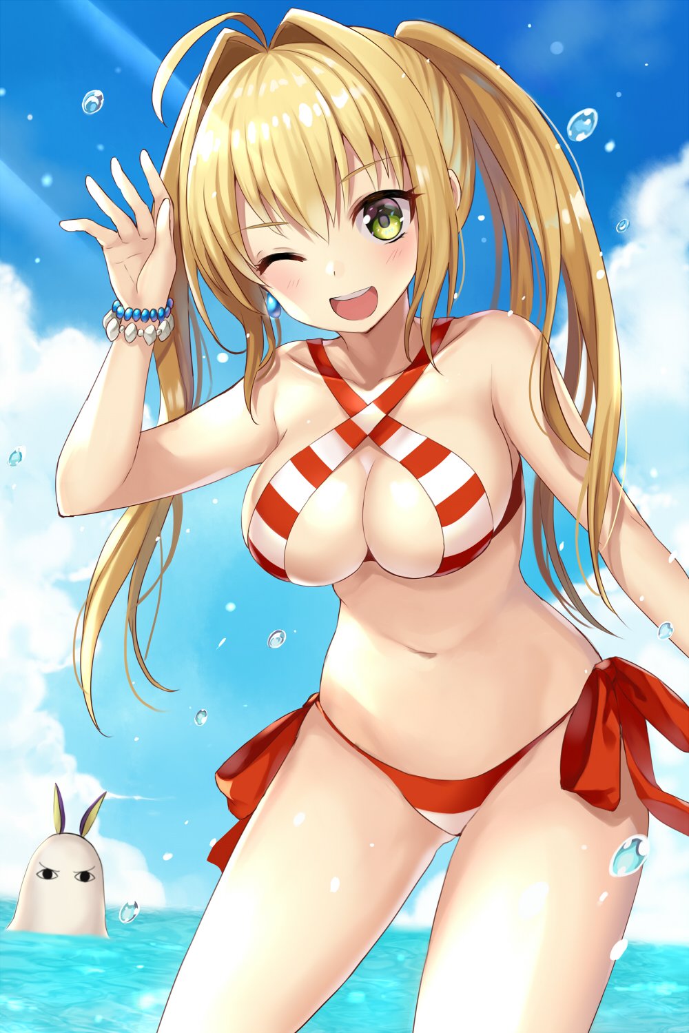 &lt;o&gt;_&lt;o&gt; ;d ahoge animal_ears bangs bare_shoulders bead_bracelet beads bed_sheet bikini blonde_hair blue_sky blush bracelet breasts cleavage cloud cloudy_sky collarbone commentary_request cowboy_shot criss-cross_halter day eyebrows_visible_through_hair fate/extra fate/grand_order fate_(series) green_eyes hair_between_eyes hair_intakes halter_top halterneck hand_up harimoji highres hips jackal_ears jewelry light_rays long_hair looking_at_viewer medium_breasts multiple_girls navel nero_claudius_(fate)_(all) nero_claudius_(swimsuit_caster)_(fate) nitocris_(fate/grand_order) nitocris_(swimsuit_assassin)_(fate) ocean one_eye_closed open_mouth outdoors red_bikini red_ribbon ribbon side-tie_bikini sideboob sidelocks sky smile solo_focus striped striped_bikini sunbeam sunlight swimsuit teeth thighs twintails wading water water_drop