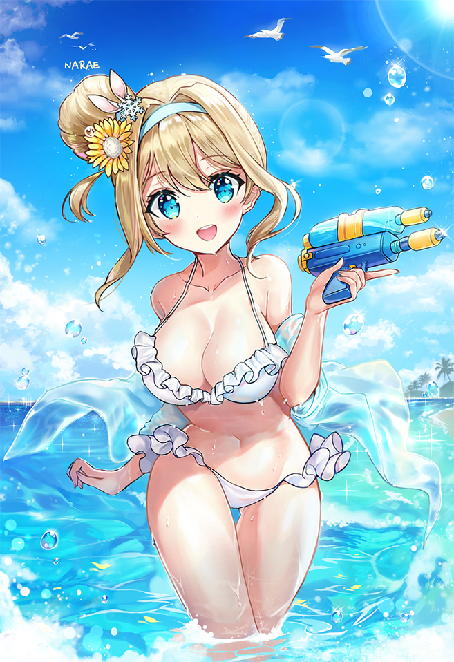 :d animal artist_name ass_visible_through_thighs bad_anatomy bad_id bad_pixiv_id bangs bare_arms bare_legs bare_shoulders beach bikini bird blue_eyes blue_sky blush breasts cleavage cloud cloudy_sky collarbone contrapposto cowboy_shot day eyebrows_visible_through_hair fingernails frilled_bikini frills girls_frontline hair_between_eyes hair_bun hair_intakes hair_ornament hairband halter_top halterneck hands_up holding large_breasts legs_together long_fingernails looking_at_viewer narae navel ocean open_mouth outdoors palm_tree seagull shawl short_hair side_bun sidelocks sky smile snowflake_hair_ornament solo sparkle standing stomach suomi_kp31_(girls_frontline) swimsuit thigh_gap thighs tree trigger_discipline tsurime upper_teeth wading water water_drop white_bikini