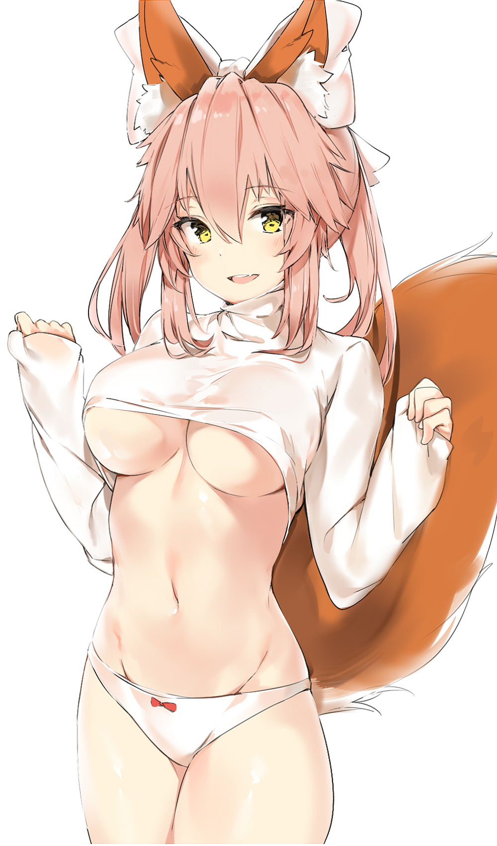 animal_ear_fluff animal_ears bangs blush bow bow_panties breasts cleavage commentary_request cowboy_shot eyebrows_visible_through_hair fang fate/extra fate_(series) fox_ears fox_tail groin hair_between_eyes hair_bow hands_up highres hips large_bow large_breasts long_hair looking_at_viewer navel no_bra open_mouth panties pink_hair red_bow sidelocks silver_(chenwen) simple_background sleeves_past_wrists smile solo sweater tail tamamo_(fate)_(all) tamamo_no_mae_(fate) teeth thighs tsurime turtleneck turtleneck_sweater underboob underwear white_background white_bow white_panties white_sweater yellow_eyes
