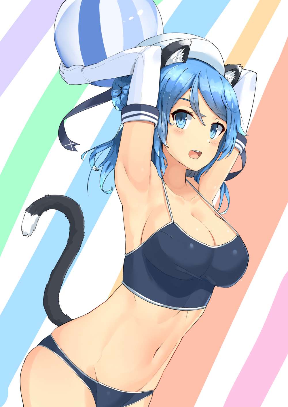 animal_ears armpits arms_up bad_id bad_pixiv_id ball beachball blue_bikini_bottom blue_eyes blue_hair breasts cat_ears cleavage cowboy_shot dutch_angle elbow_gloves from_side gloves hair_bun hat highres jpeg_artifacts kantai_collection kemonomimi_mode large_breasts looking_at_viewer medium_hair navel open_mouth side_bun simple_background solo soushou_nin strap_gap tail urakaze_(kantai_collection) white_gloves