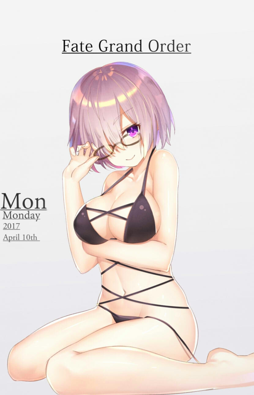bad_id bad_pixiv_id bangs bare_arms bare_legs bare_shoulders barefoot bikini black-framed_eyewear black_bikini breast_hold breasts cleavage closed_mouth collarbone copyright_name dated dhfz181 eyebrows_visible_through_hair fate/grand_order fate_(series) fingernails glasses groin hair_over_one_eye halter_top halterneck hand_on_eyewear hand_up highres large_breasts long_fingernails looking_at_viewer mash_kyrielight navel purple_eyes purple_hair short_hair side-tie_bikini sitting smile solo stomach strap_gap string_bikini swimsuit untied untied_bikini wardrobe_malfunction wariza