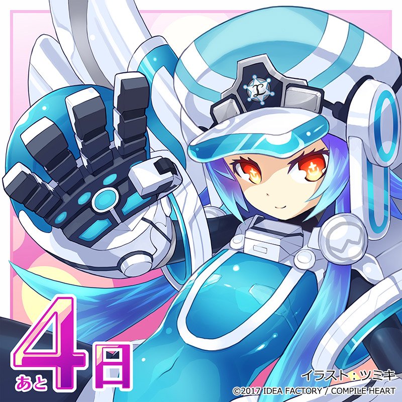 4 blue_hair bodysuit cabbie_hat countdown gauntlets hair_ornament hat looking_at_viewer neptune_(series) next_white number official_art power_symbol red_eyes shin_jigen_game_neptune_vii short_hair_with_long_locks sidelocks symbol-shaped_pupils white_heart wings