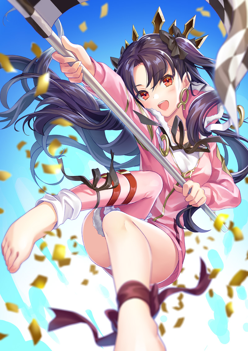 ankle_ribbon bangs barefoot black_bow black_ribbon blush bow brown_hair checkered checkered_flag collarbone confetti crown earrings fate/grand_order fate_(series) flag fur-trimmed_jacket fur-trimmed_legwear fur_trim hair_bow hips hood hoodie hoop_earrings ishtar_(fate/grand_order) ishtar_(swimsuit_rider)_(fate) jacket jewelry legband legs long_hair long_legs looking_at_viewer ne-on open_mouth outdoors pink_jacket pink_legwear red_eyes ribbon single_thighhigh smile solo thighhighs thighs twintails