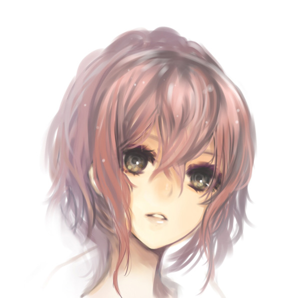 bangs character_request copyright_request face grey_eyes hair_between_eyes light_smile lips looking_afar looking_away mins_(minevi) parted_lips pink_hair short_hair solo upper_body white_background