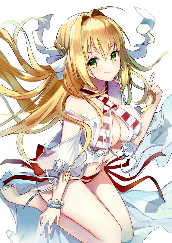 :d ahoge arm_at_side bangs bare_shoulders barefoot bikini blonde_hair braid breasts cleavage closed_mouth criss-cross_halter day dress earrings eyebrows_visible_through_hair fate/grand_order fate_(series) fingernails floating_hair french_braid gown green_eyes groin hair_intakes hair_ornament halter_top halterneck hand_up index_finger_raised jewelry knees_up large_breasts legs_together long_fingernails long_hair looking_at_viewer medium_breasts navel nero_claudius_(fate)_(all) nero_claudius_(swimsuit_caster)_(fate) ocean off_shoulder open_mouth pointing red_bikini ry_thae short_sleeves shoulder_cutout side-tie_bikini sidelocks simple_background smile solo strap_slip striped striped_bikini swimsuit twintails very_long_hair white_background