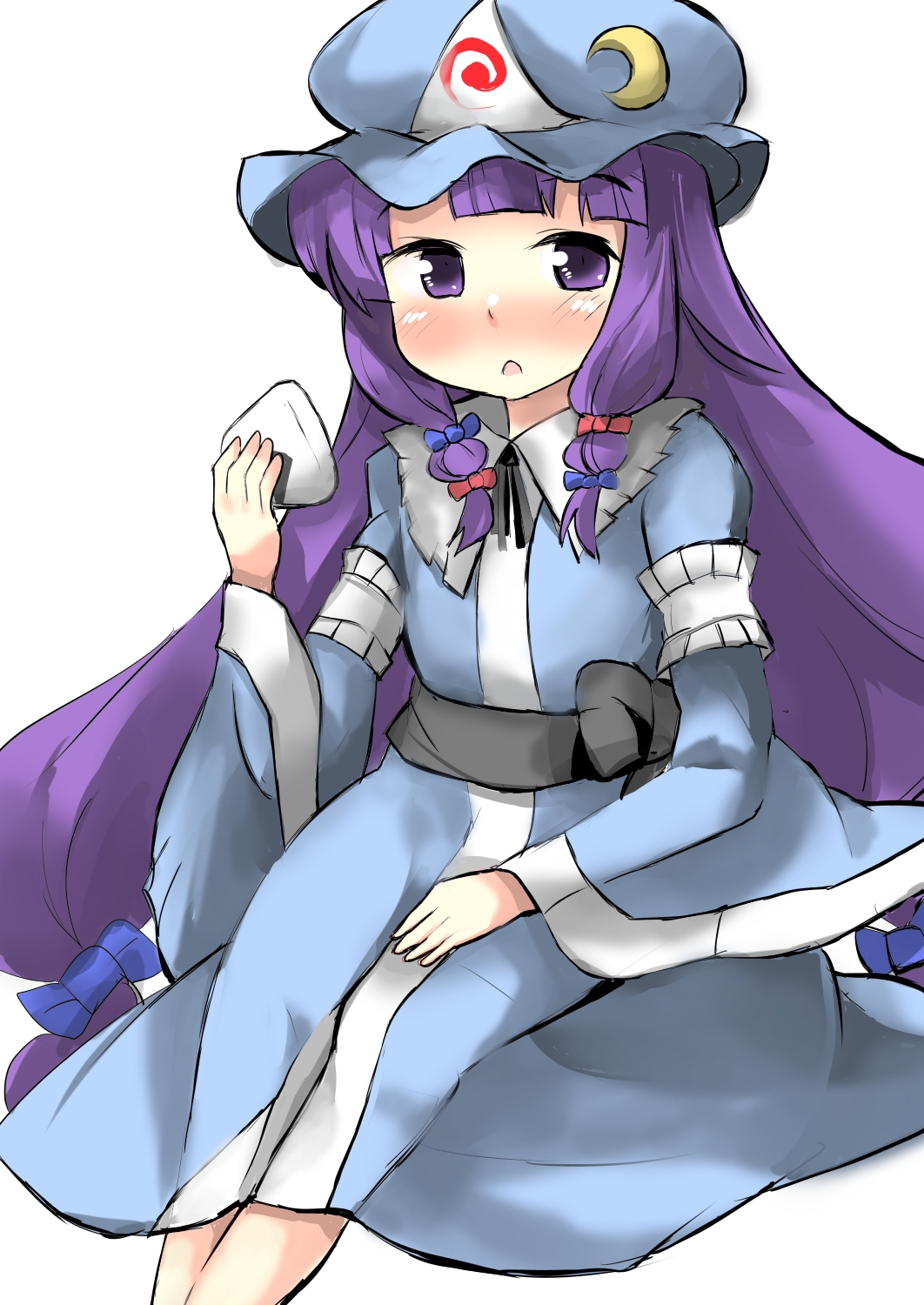 blue_ribbon blush bow cosplay crescent dress food gaoo_(frpjx283) hair_bow hat highres long_hair looking_at_viewer mob_cap onigiri open_mouth patchouli_knowledge purple_eyes purple_hair red_ribbon ribbon saigyouji_yuyuko saigyouji_yuyuko_(cosplay) sash sitting solo touhou triangular_headpiece