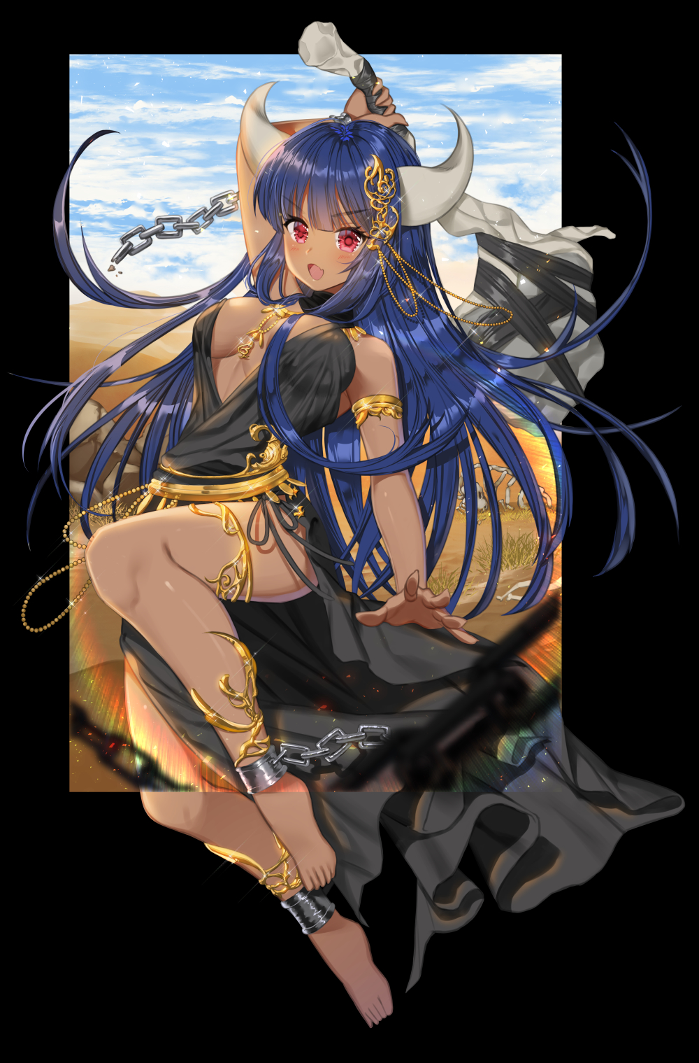 bad_id bad_pixiv_id barefoot blue_hair blush breasts chain cleavage cuffs dark_skin eyebrows_visible_through_hair gyakushuu_no_fantasica highres kosanmaka large_breasts looking_at_viewer open_mouth red_eyes shackles smile solo