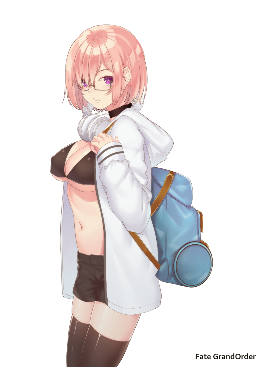 backpack bag bangs bikini_top black-framed_eyewear black_bikini_top black_choker black_legwear black_shorts breasts choker cleavage copyright_name cowboy_shot dhfz181 eyebrows_visible_through_hair fate/grand_order fate_(series) from_side glasses hair_over_one_eye hands_up headphones headphones_around_neck highres hood hood_down hooded_jacket jacket large_breasts legs_together long_sleeves looking_at_viewer mash_kyrielight midriff navel open_clothes open_jacket parted_lips purple_eyes purple_hair semi-rimless_eyewear shiny shiny_clothes short_hair short_shorts shorts simple_background skindentation sleeves_past_wrists solo standing stomach thighhighs under-rim_eyewear underboob white_background white_hood