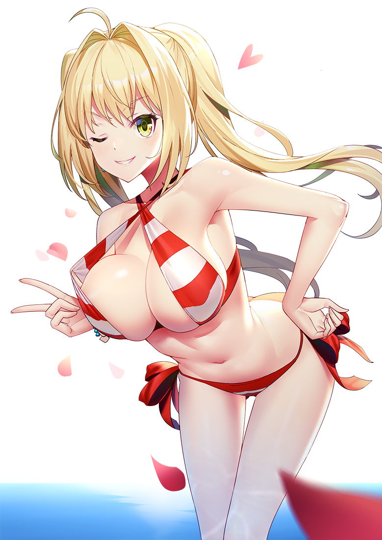 &gt;:) ;) ahoge armpits ass backlighting bangs bikini bikini_pull blonde_hair blurry breasts cleavage commentary criss-cross_halter depth_of_field eyebrows_visible_through_hair fate/grand_order fate_(series) floating_hair green_eyes grin hair_intakes halter_top halterneck hand_on_hip heart horizon large_breasts leaning_forward long_hair looking_at_viewer navel nero_claudius_(fate)_(all) nero_claudius_(swimsuit_caster)_(fate) ocean one_eye_closed outdoors parted_lips petals red_bikini ririko_(zhuoyandesailaer) rose_petals side-tie_bikini sidelocks smile solo standing striped striped_bikini swimsuit thighs twintails v v-shaped_eyebrows
