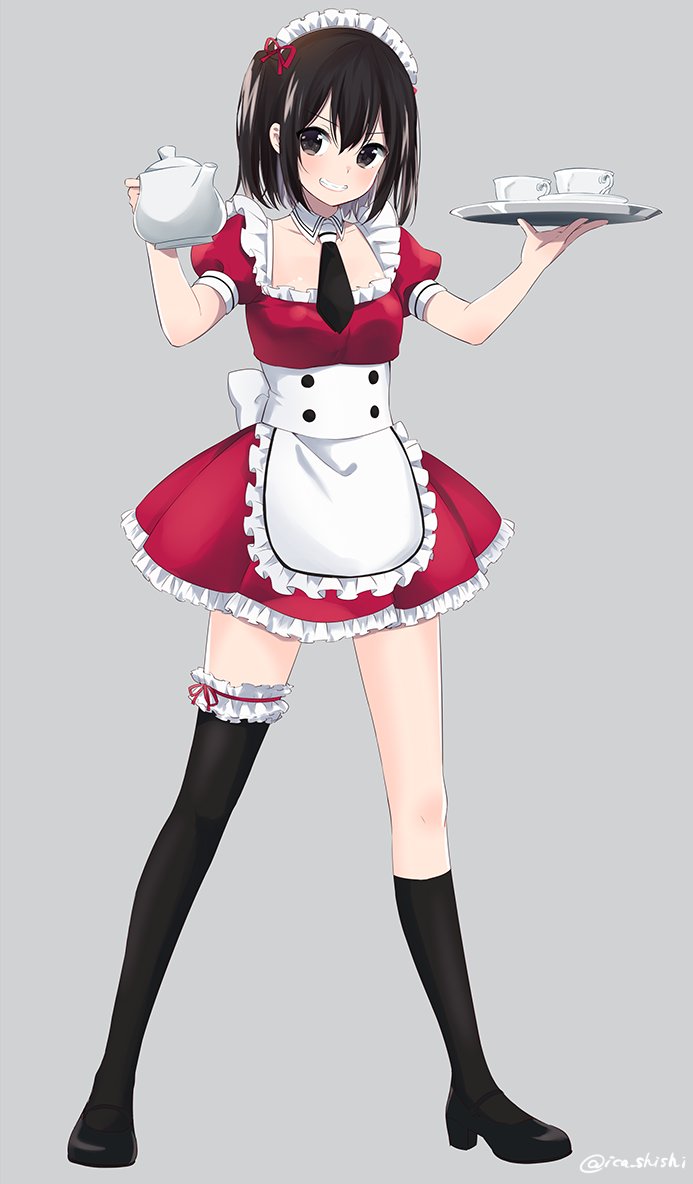 alternate_costume apron black_eyes black_footwear black_hair black_legwear commentary cup detached_collar enmaided full_body grin hair_ornament ica kantai_collection kneehighs looking_at_viewer maid maid_headdress necktie plate puffy_short_sleeves puffy_sleeves sendai_(kantai_collection) shoes short_sleeves side_ponytail simple_background single_kneehigh single_thighhigh smile solo standing teacup teapot thighhighs twitter_username