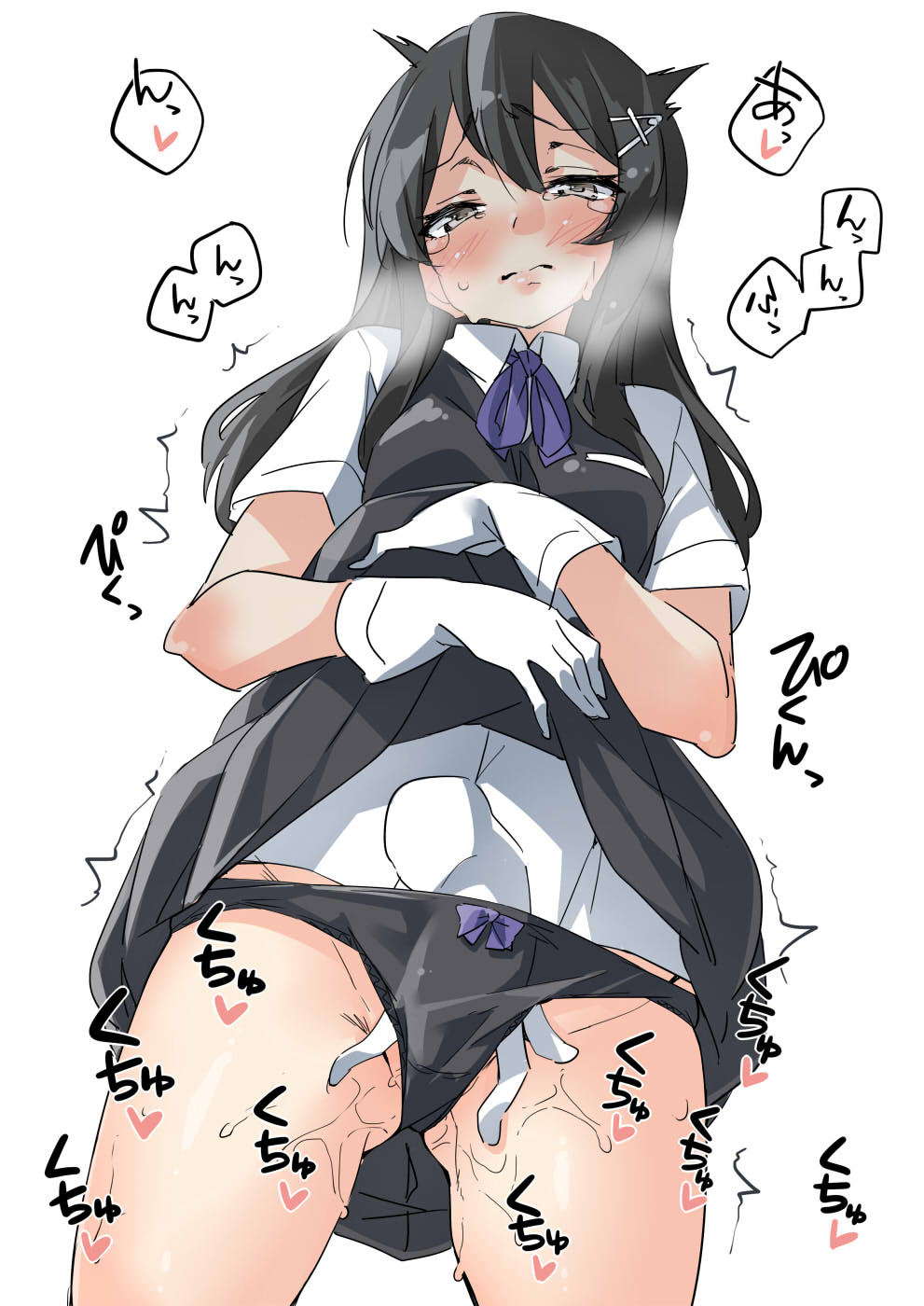 bangs black_eyes black_hair black_panties black_skirt black_vest blush bow bow_panties breast_pocket breath closed_mouth collared_shirt commentary_request cowboy_shot disembodied_limb ebifurya eyebrows_visible_through_hair fingering gloves hand_in_panties heart highres kantai_collection lifted_by_self long_hair neck_ribbon oyashio_(kantai_collection) panties pleated_skirt pocket purple_bow purple_ribbon ribbon shirt short_sleeves sidelocks simple_background skirt skirt_lift sleeveless solo spoken_heart sweat tears trembling underwear vest white_background white_gloves white_shirt